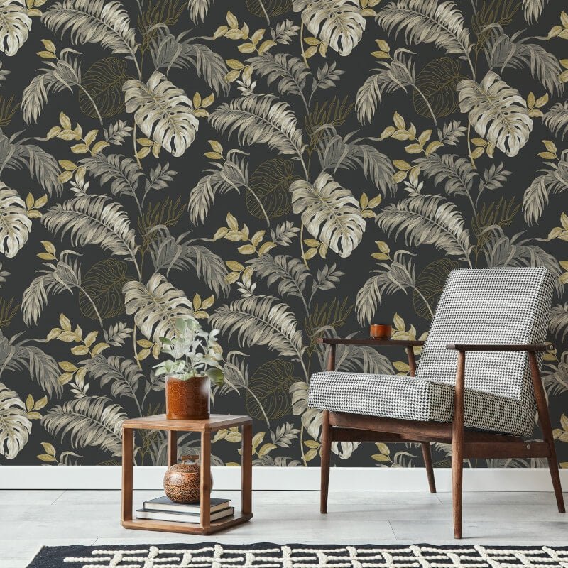 Attitude Allison Tropical Metallic Wallpaper - Black/Gold - Grandeco - A64303 - Premier Wallcovering