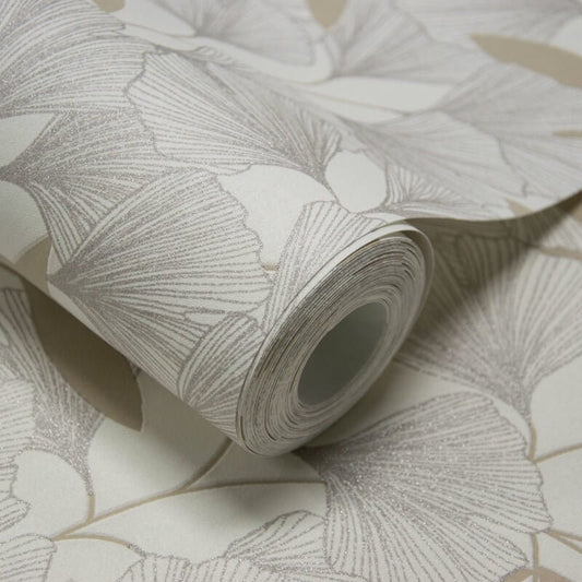Attitude Ginko Leafy Floral Metallic Wallpaper - White/Gold - Grandeco - A64401 - Premier Wallcovering