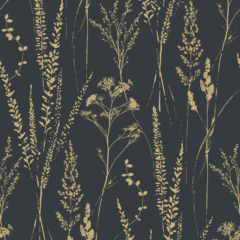 Attitude Halm Grass Floral Wallpaper - Black/Gold - Grandeco - A64203 - Premier Wallcovering