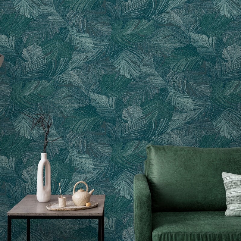 Attitude Organic Leaves Wallpaper - Teal - Grandeco - A66501 - Premier Wallcovering