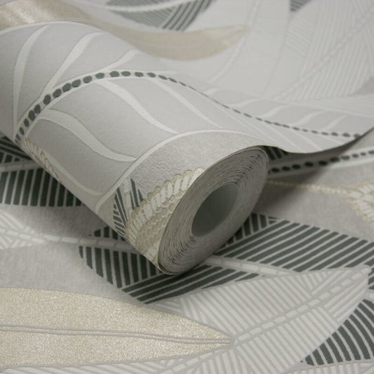 Attitude Savannah Leafy Tropical Metallic Wallpaper - Grey - Grandeco - A65701 - Premier Wallcovering