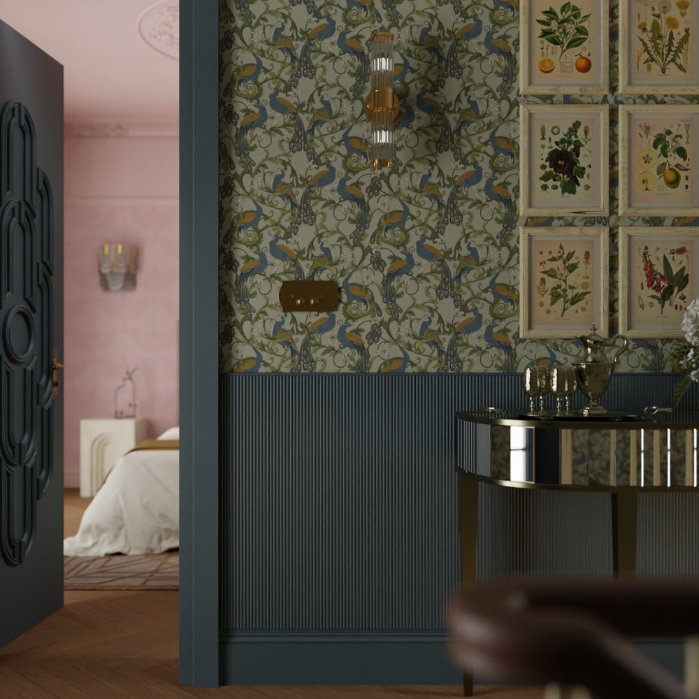 Aubrey Wallpaper - Classic Navy and Ochre on Forest Green - LAN100182 - Lucie Annabel - Premier Wallcovering