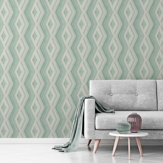Aura Geometric Diamond Metallic Wallpaper - Emerald/Gold - Crown - M1583 - Premier Wallcovering