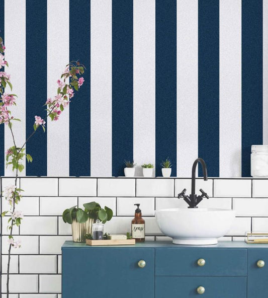 Awning Stripe Wallpaper - Navy White - Woodchip & Magnolia - WM - 413 - 01R - Premier Wallcovering