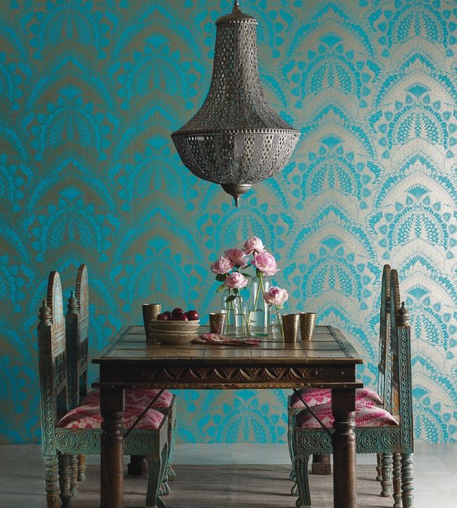 Azari Wallpaper - Turquoise / Gold - Matthew Williamson - W6952-02 - Premier Wallcovering