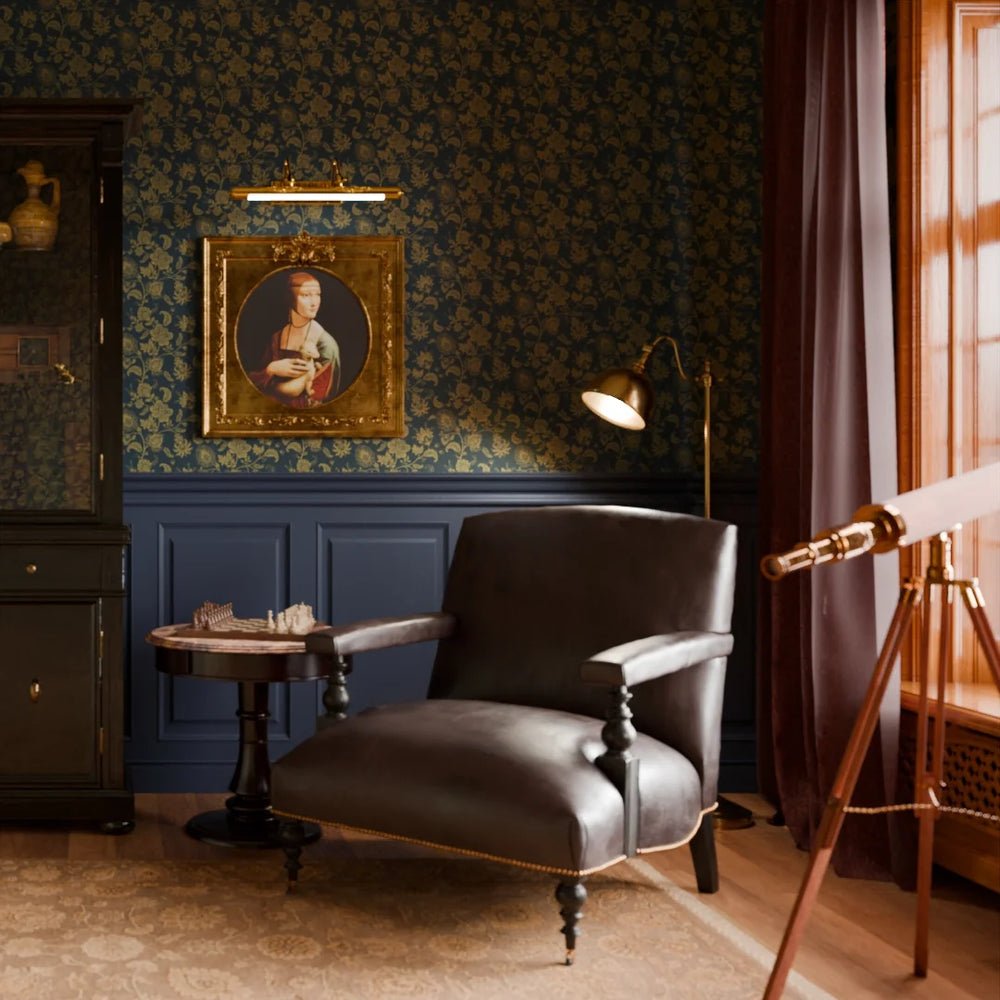 Balmoral Baroque Wallpaper - Mustard and Oxford Blue - LAN100207 - Lucie Annabel - Premier Wallcovering