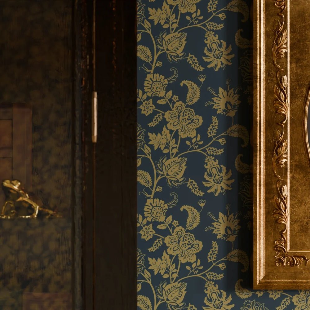 Balmoral Baroque Wallpaper - Mustard and Oxford Blue - LAN100207 - Lucie Annabel - Premier Wallcovering