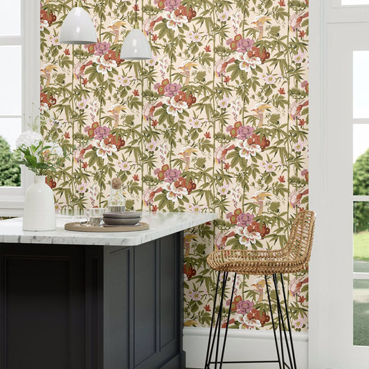 Bamboo & Birds Wallpaper - Mandarin Red/Olive - DWAW217128 - Sanderson - Premier Wallcovering