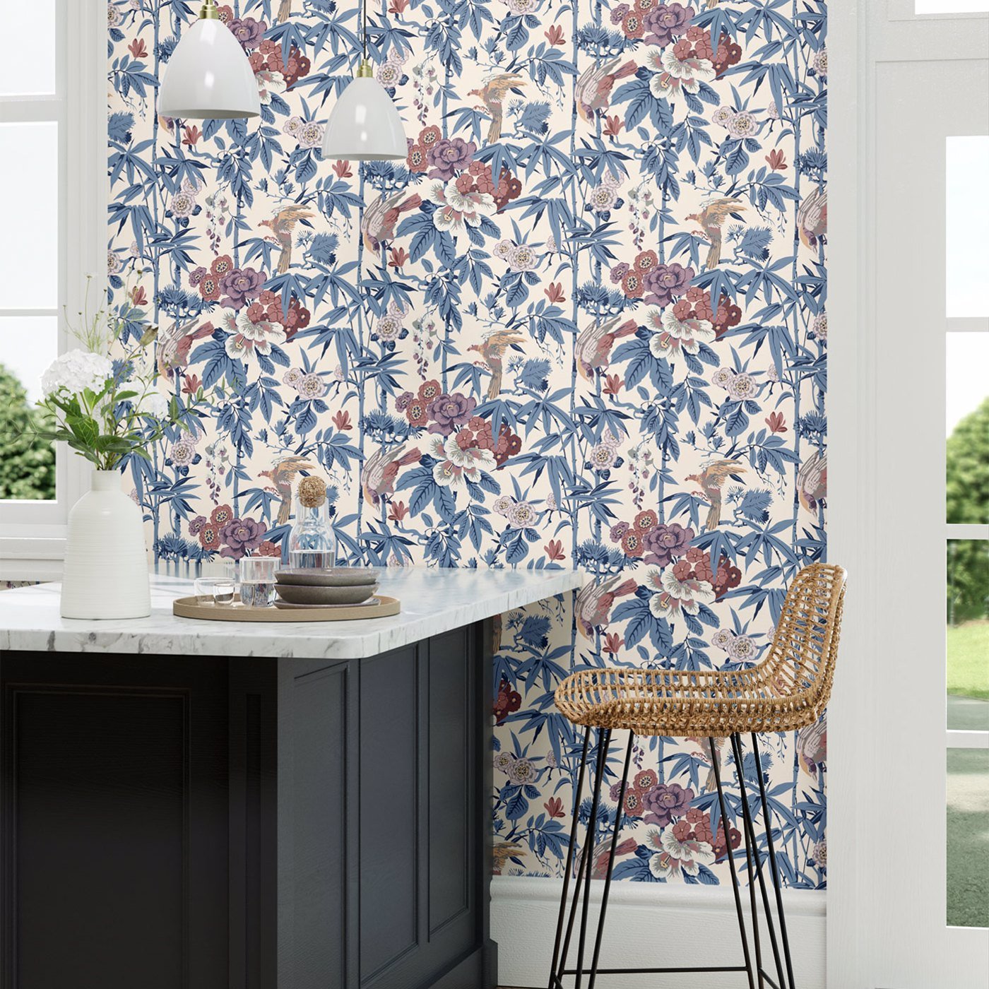Bamboo & Birds Wallpaper - China Blue /Lotus Pink - DWAW217129 - Sanderson - Premier Wallcovering