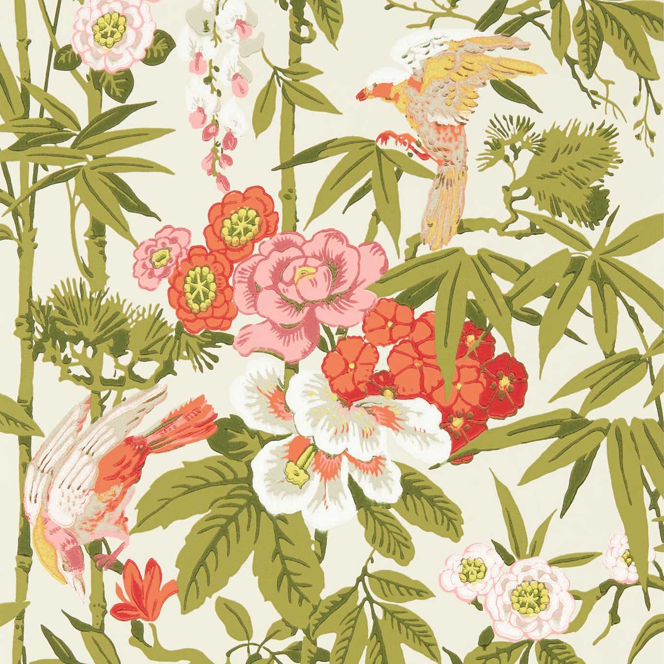 Bamboo & Birds Wallpaper - Mandarin Red/Olive - DWAW217128 - Sanderson - Premier Wallcovering