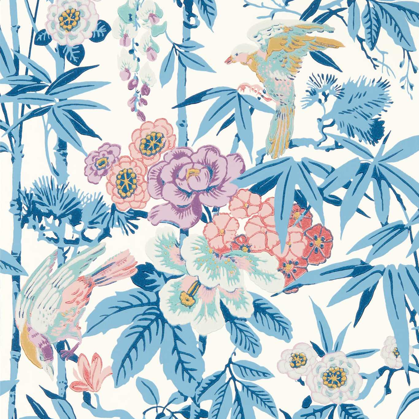 Bamboo & Birds Wallpaper - China Blue /Lotus Pink - DWAW217129 - Sanderson - Premier Wallcovering