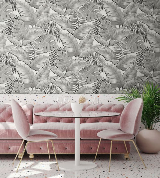 Banana Leaves Max Wallpaper - Black & White - Brand McKenzie - BMTD001/05A - Premier Wallcovering