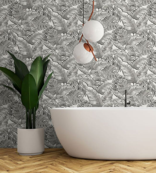 Banana Leaves Standard Wallpaper - Black & White - Brand McKenzie - BMTD001/06A - Premier Wallcovering