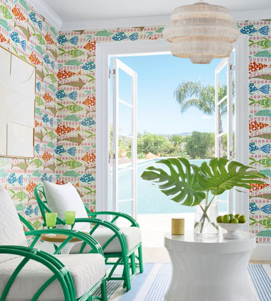 Batik Fish Wallpaper - Coral & Blue - Thibaut - T15869 - Premier Wallcovering