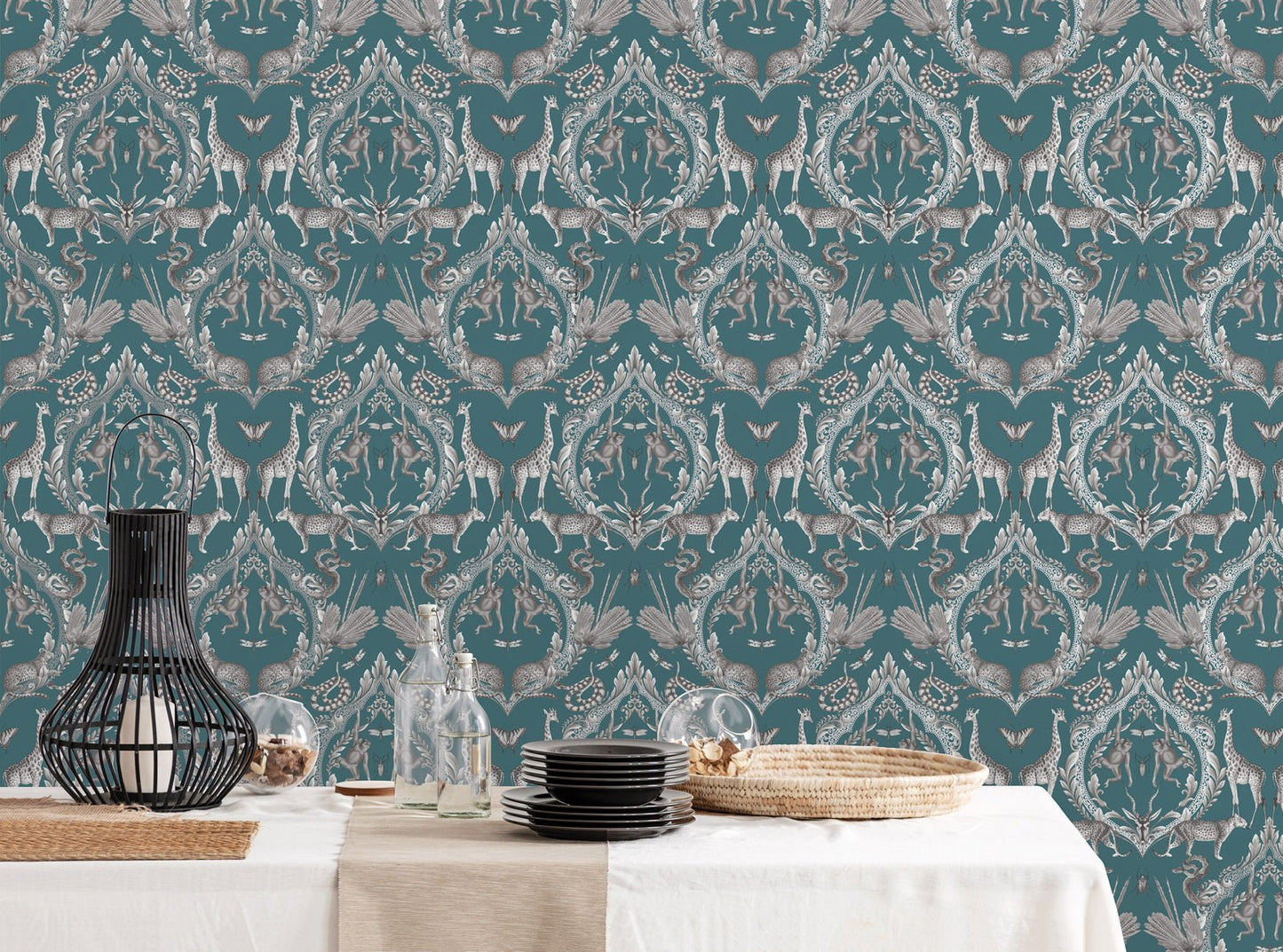 Bazaar Animal Damask Wallpaper - Teal - Galerie - G78313 - Premier Wallcovering