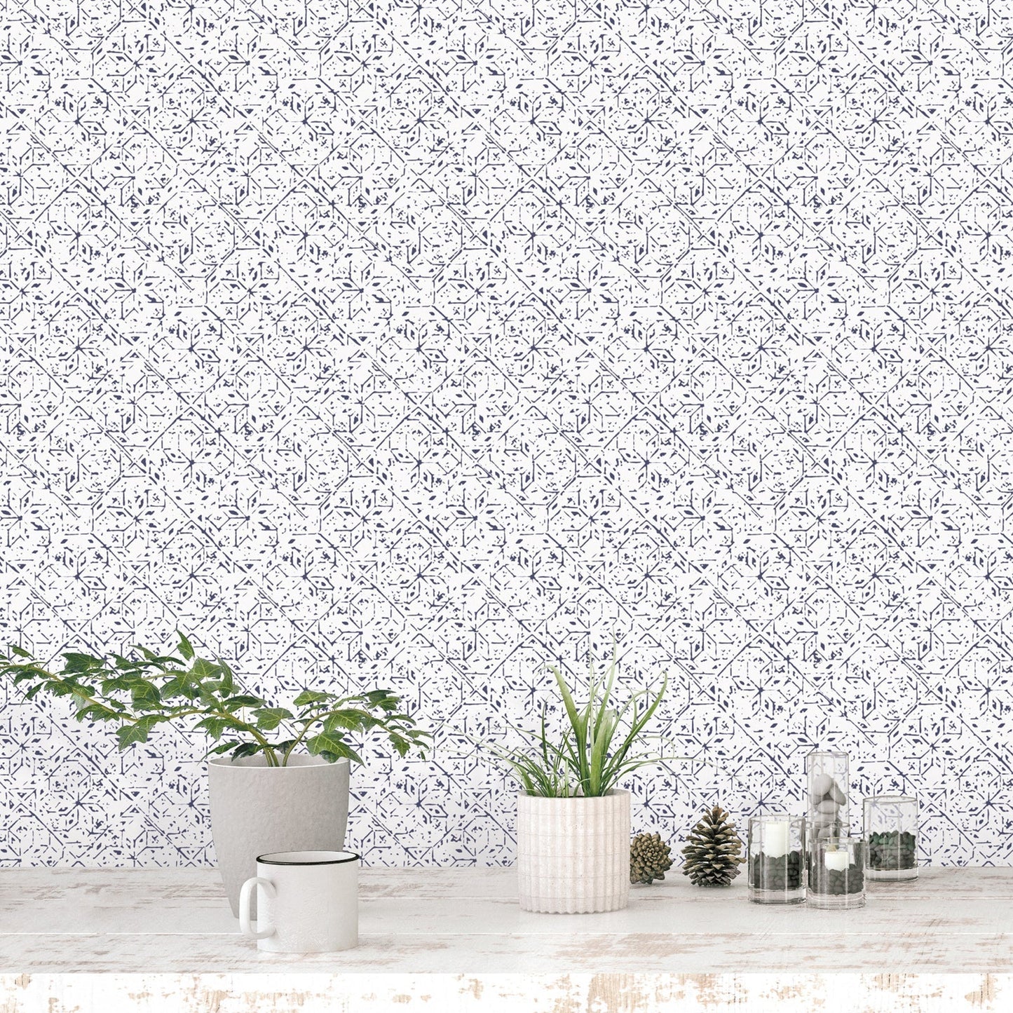 Bazaar Geo Tile Wallpaper - Navy / White - Galerie - G78337 - Premier Wallcovering