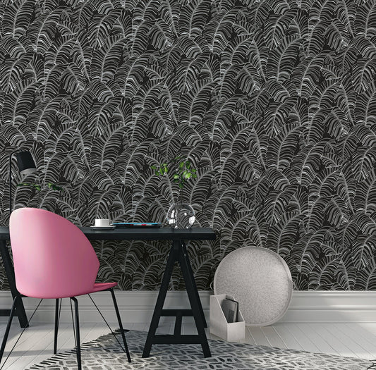 Bazaar Palm Leaves Wallpaper - Black / White - Galerie - G78297 - Premier Wallcovering