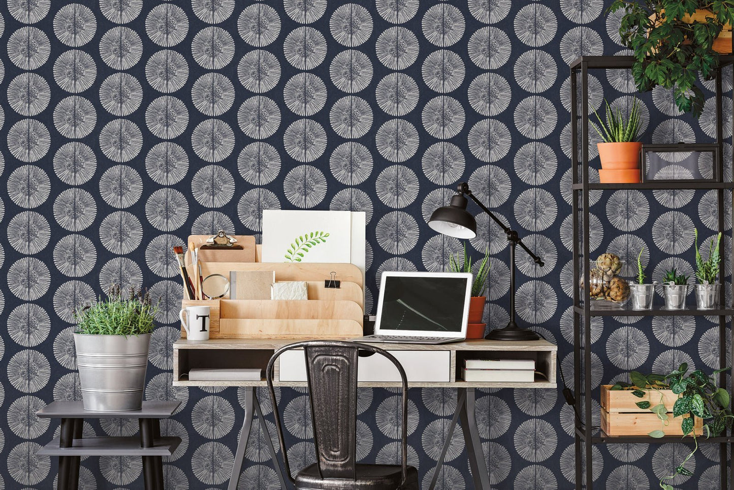 Bazaar Tribal Circles Wallpaper - Navy / Grey - Galerie - G78333 - Premier Wallcovering