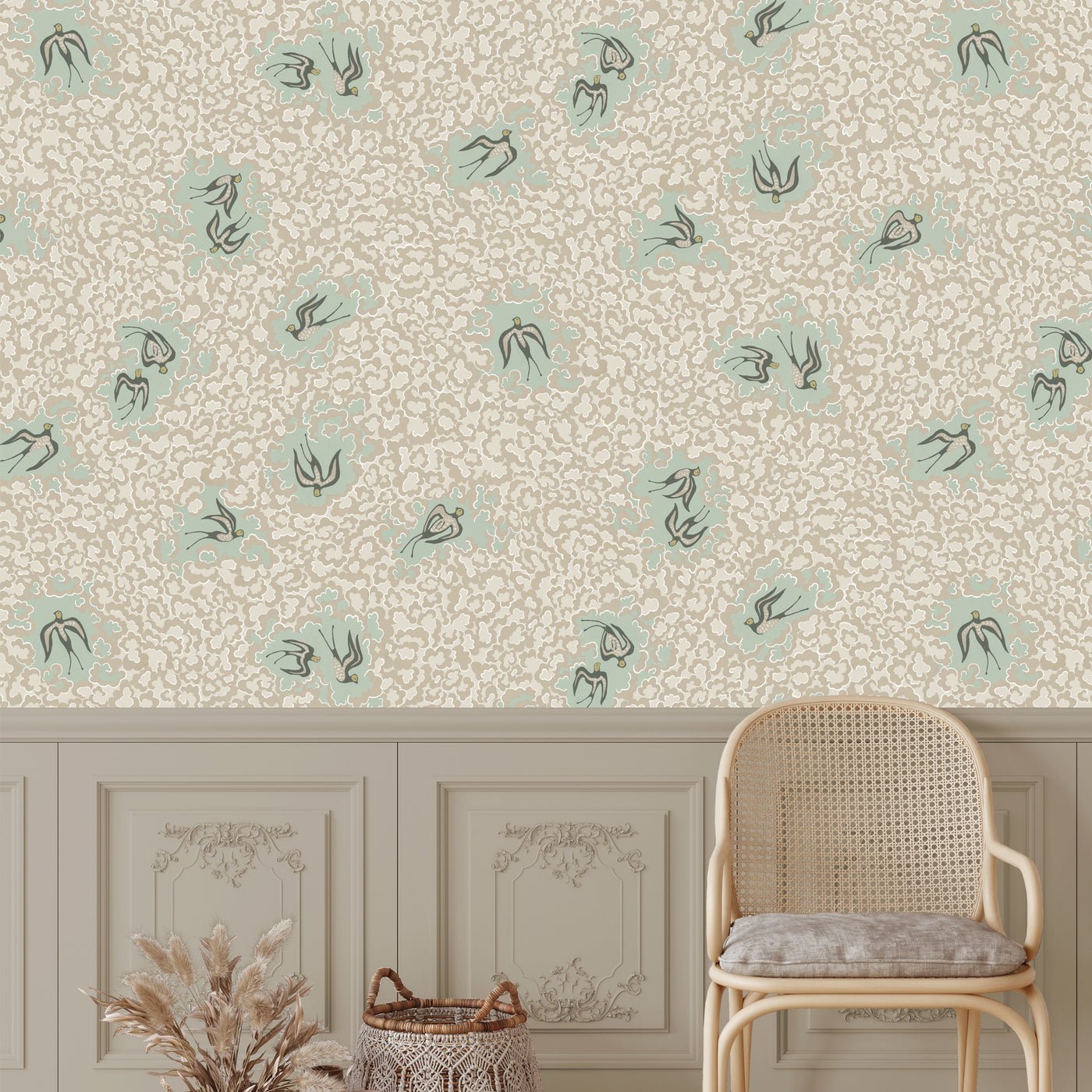 Bea's Swallows Wallpaper - Cliffwell Stone and Radmoor Blue - Josephine Munsey - JMW-102021 - Premier Wallcovering