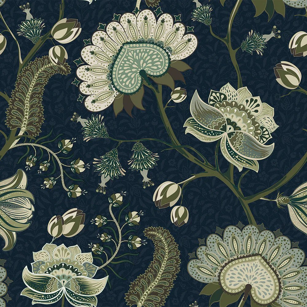 Beaumont Wallpaper - Olive and Sage Green on Classic Navy - LAN100108 - Lucie Annabel - Premier Wallcovering