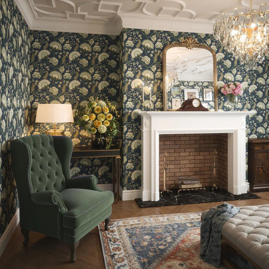 Beaumont Wallpaper - Olive and Sage Green on Classic Navy - LAN100108 - Lucie Annabel - Premier Wallcovering
