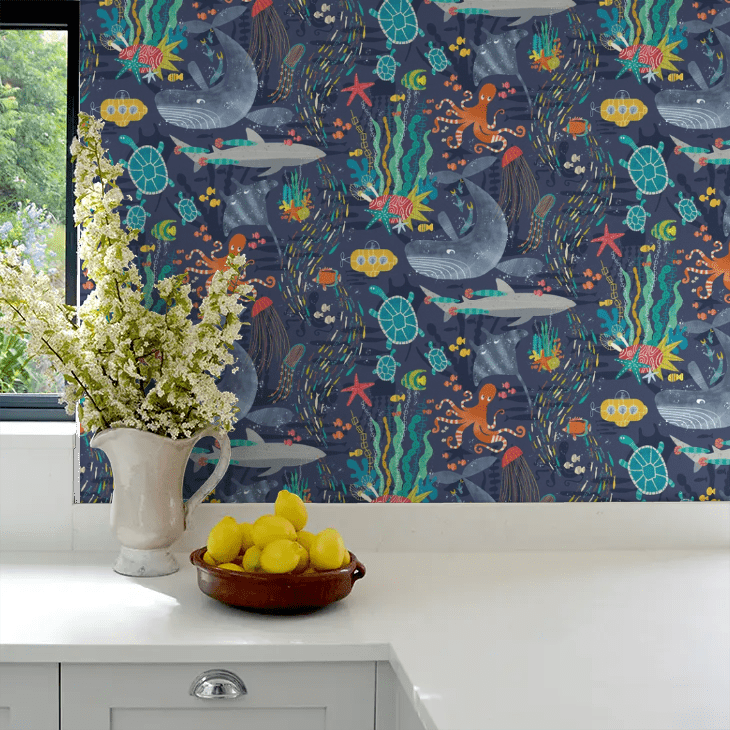 Beneath The Waves Wallpaper - Prussian - Ohpopsi - WGU50130W - Premier Wallcovering