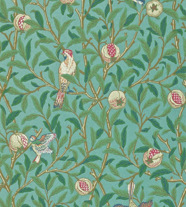 Bird & Pomegranate Wallpaper - Turquoise/Coral - 212538 - Morris & Co - Premier Wallcovering