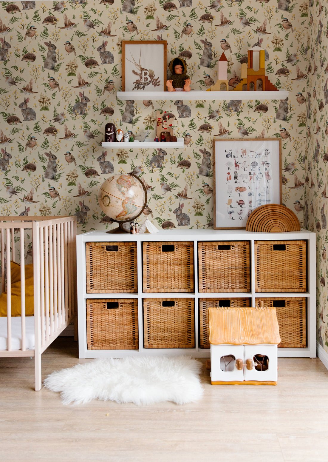 Birds & Bunnies Nursery Wallpaper - Ecru - Summer Gray - Premier Wallcovering