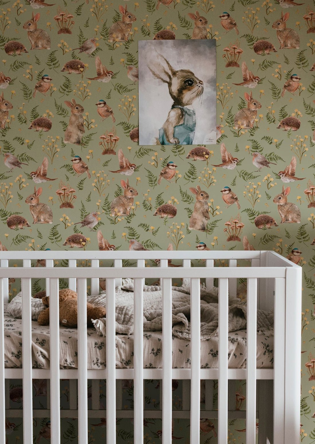 Birds & Bunnies Nursery Wallpaper - Peppermint - Summer Gray - Premier Wallcovering