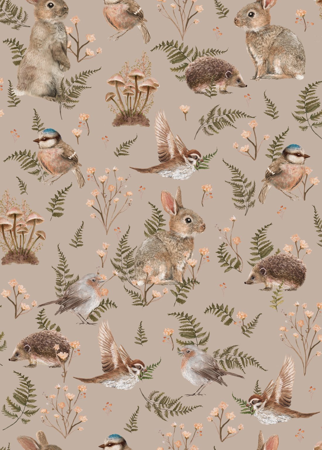 Birds & Bunnies Nursery Wallpaper - Dusty Rose - Summer Gray - Premier Wallcovering