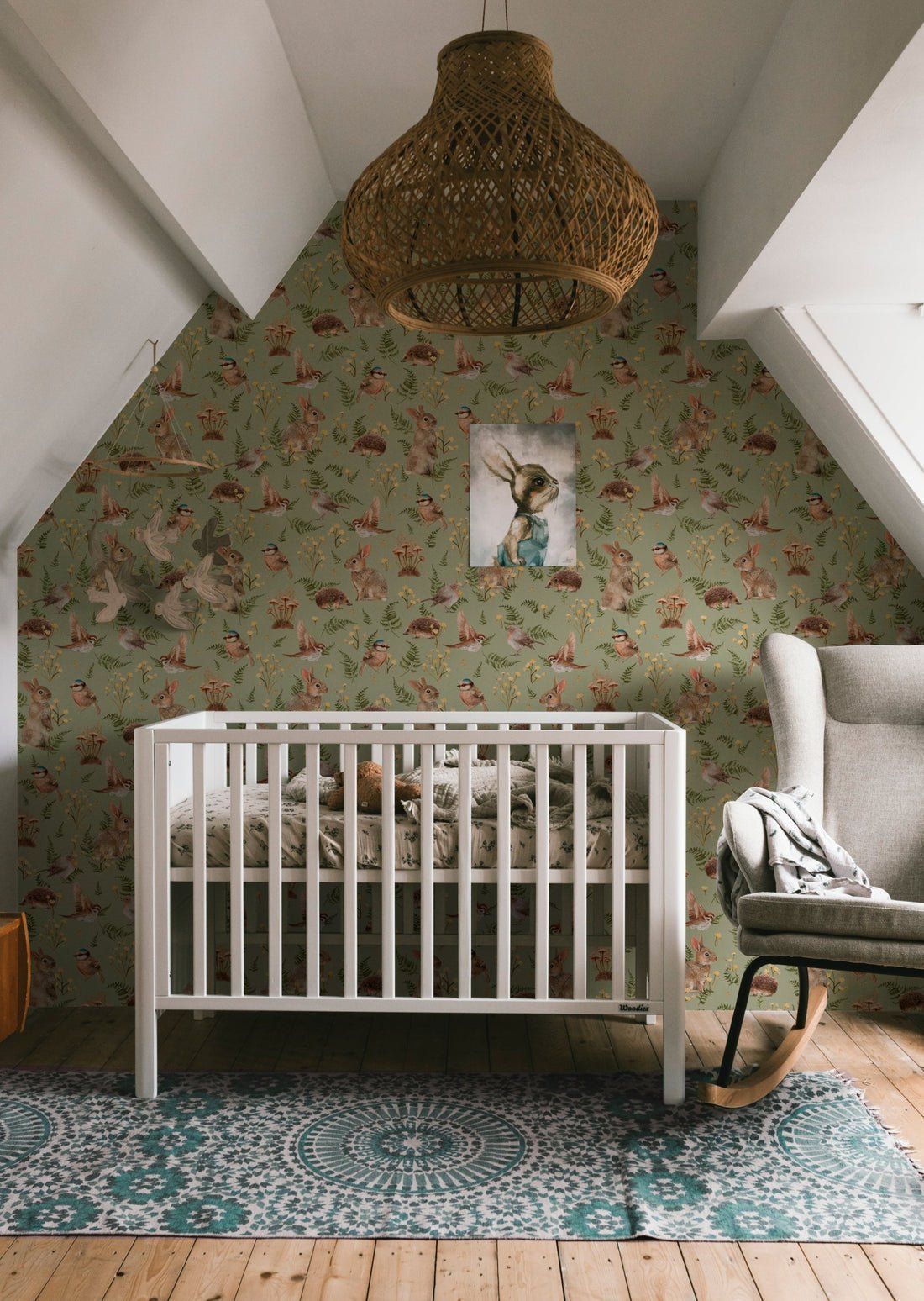 Birds & Bunnies Nursery Wallpaper - Peppermint - Summer Gray - Premier Wallcovering