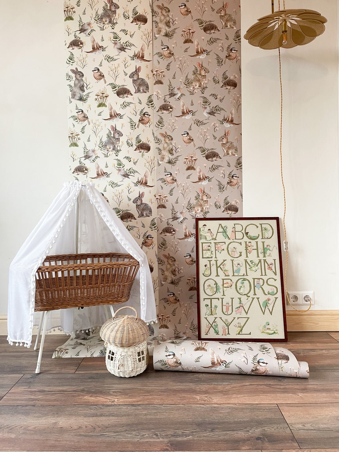 Birds & Bunnies Nursery Wallpaper - Dusty Rose - Summer Gray - Premier Wallcovering