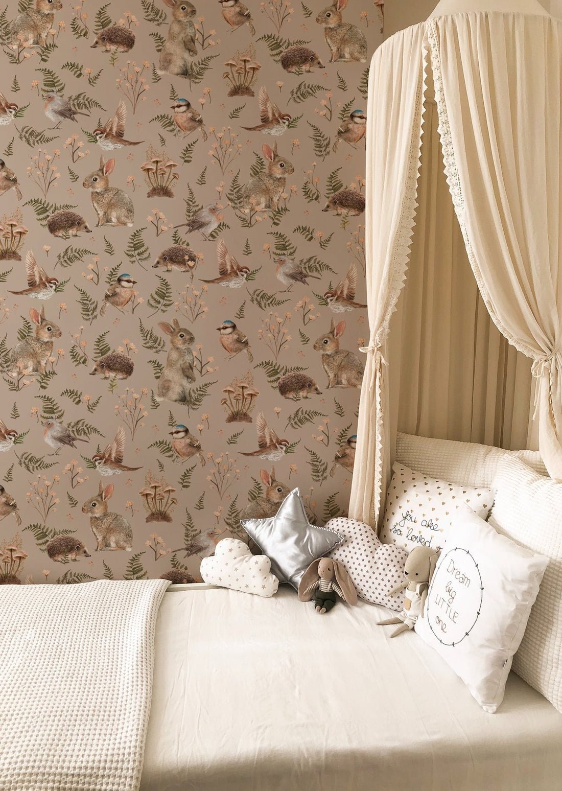 Birds & Bunnies Nursery Wallpaper - Dusty Rose - Summer Gray - Premier Wallcovering