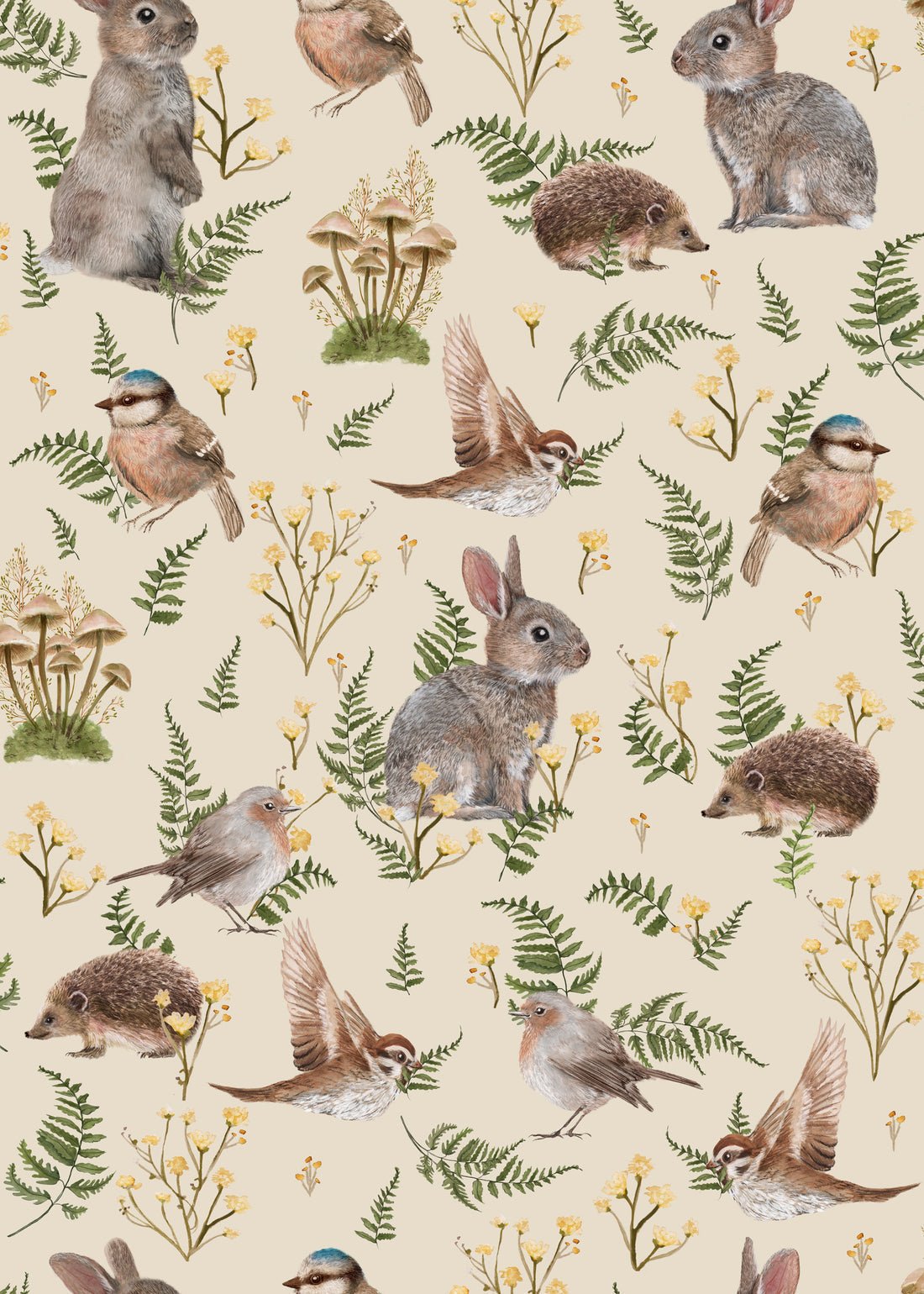 Birds & Bunnies Nursery Wallpaper - Ecru - Summer Gray - Premier Wallcovering