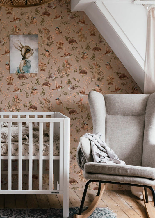 Birds & Bunnies Nursery Wallpaper - Dusty Rose - Summer Gray - Premier Wallcovering