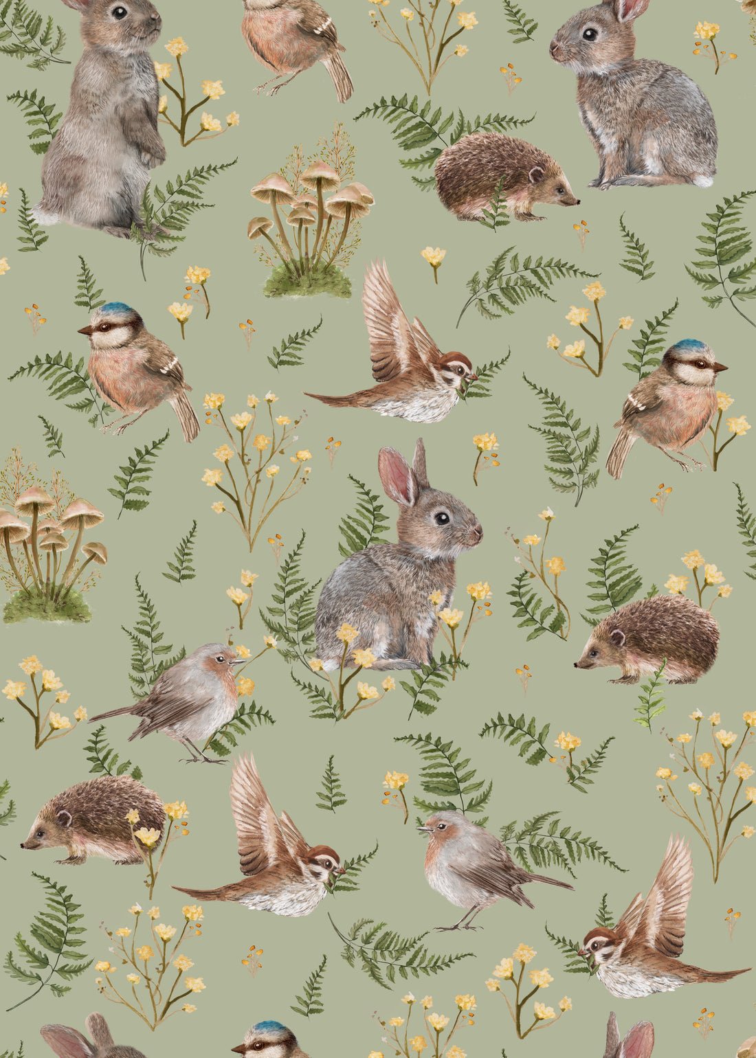 Birds & Bunnies Nursery Wallpaper - Peppermint - Summer Gray - Premier Wallcovering
