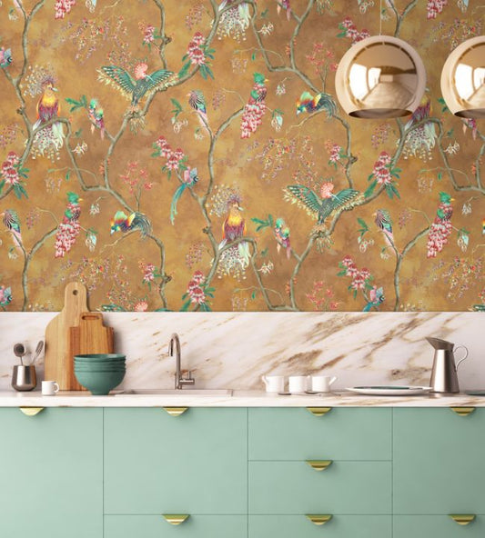 Birds In Paradise Wallpaper - Gold - Brand McKenzie - BMWL005/01A - Premier Wallcovering