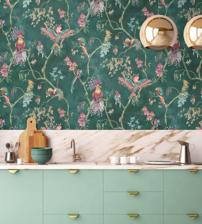 Birds In Paradise Wallpaper - Teal - Brand McKenzie - BMWL005/01E - Premier Wallcovering