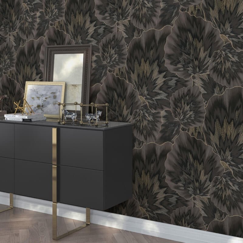 Bliss Abstract Leaf Metallic Wallpaper - Black - Erismann - 10402 - 15 - Premier Wallcovering