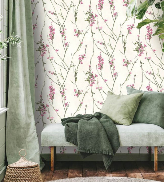 Blossom Wallpaper - Pink On Cream - Woodchip & Magnolia - WM - 386 - 06R - Premier Wallcovering