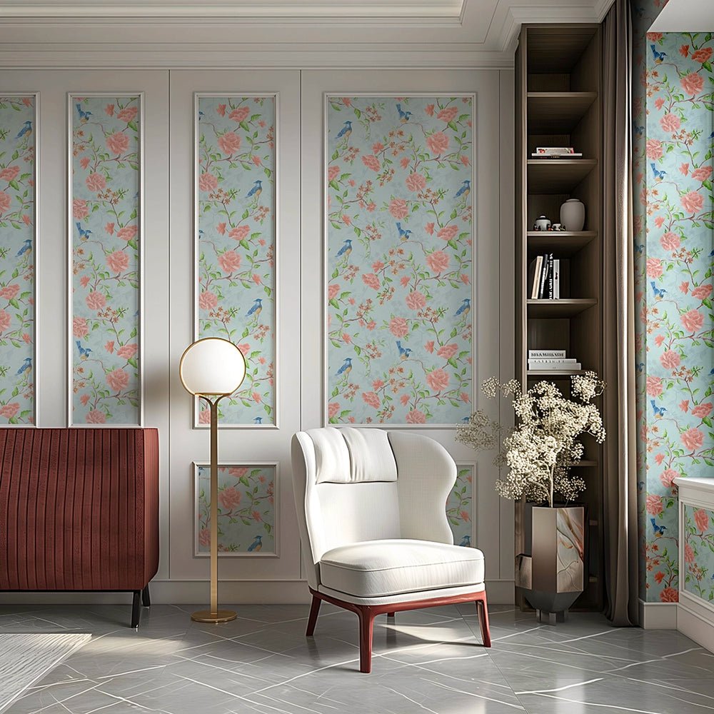 Blossoming Birdsong Wallpaper - Powder Blue - LAN100389 - Lucie Annabel - Premier Wallcovering
