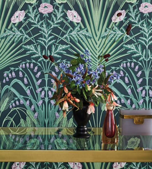 Bluebell Wallpaper - Sage, Mint & Lilac on Dark Viridian - 115/3009 - Cole & Son - Premier Wallcovering