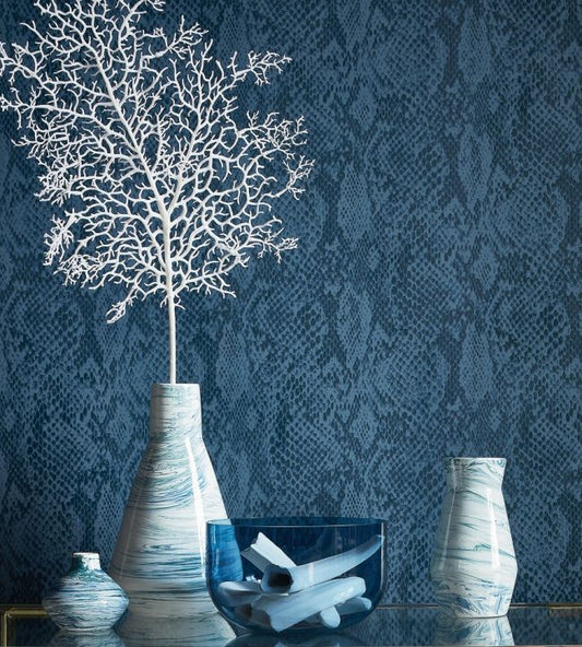 Boa Wallpaper - Aqua on Metallic Gold - Thibaut - T75167 - Premier Wallcovering