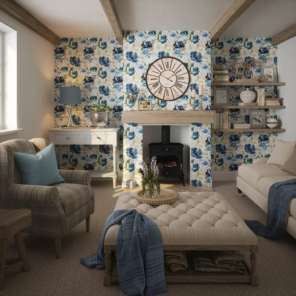 Bouquet De Fleurs Wallpaper - Blues with Chamomile - LAN100032 - Lucie Annabel - Premier Wallcovering