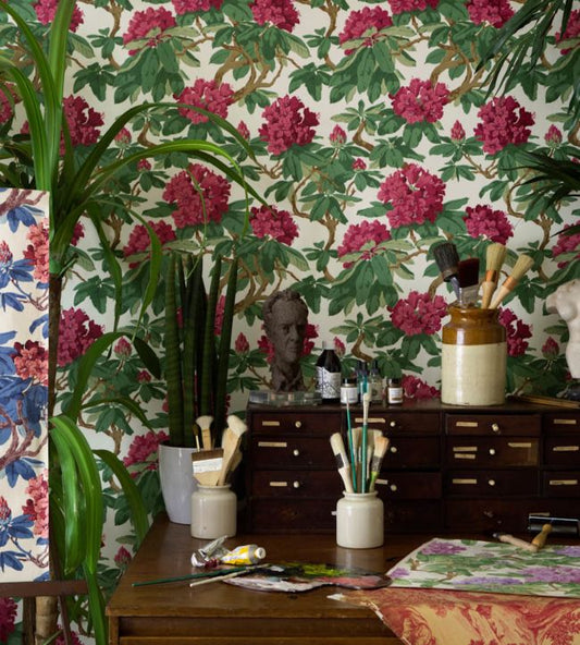 Bourlie Wallpaper - Cerise, Leaf Green on White - 99/4019 - Cole & Son - Premier Wallcovering