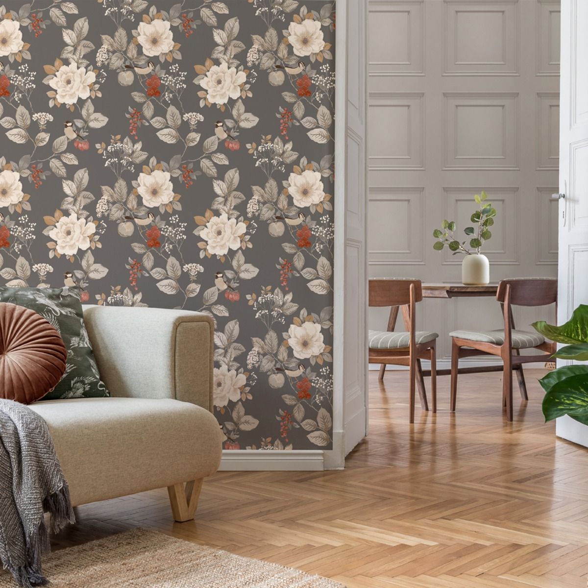 Bramble Floral Wallpaper - Charcoal - Belgravia - 2303 - Premier Wallcovering