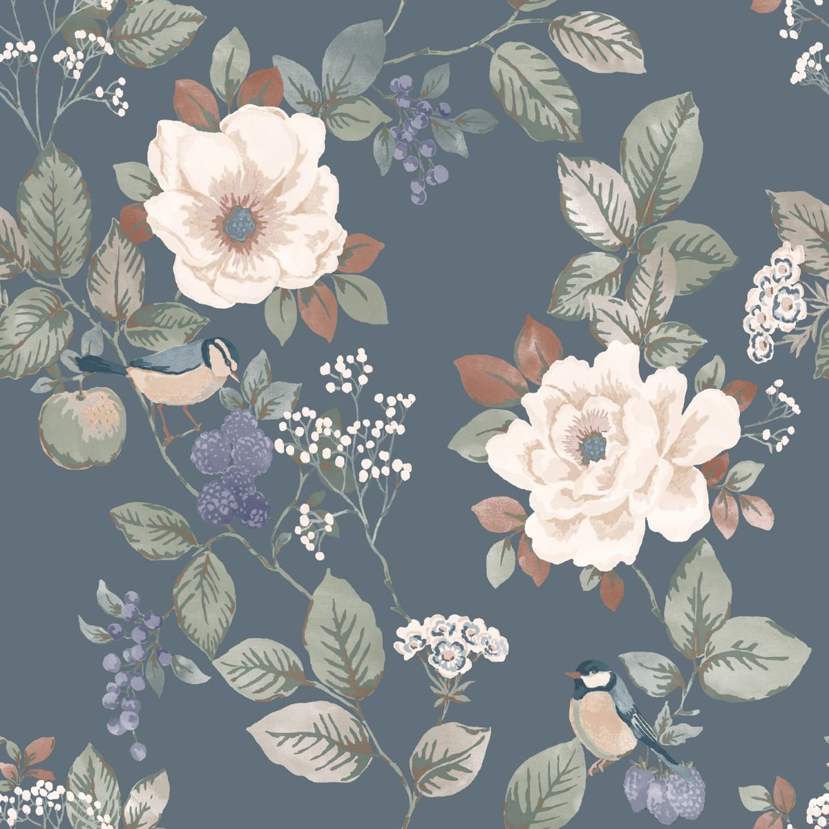 Bramble Floral Wallpaper - Blue - Belgravia - 2300 - Premier Wallcovering