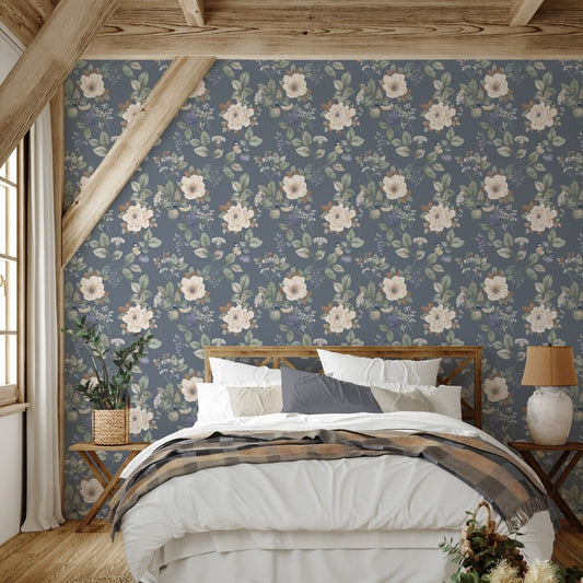 Bramble Floral Wallpaper - Blue - Belgravia - 2300 - Premier Wallcovering
