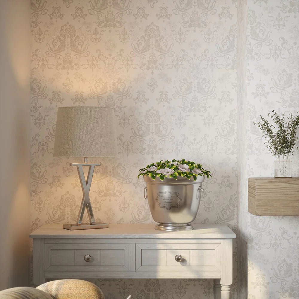 Bridgerton Damask Wallpaper - Pearl White and Vintage Grey - LAN100018 - Lucie Annabel - Premier Wallcovering