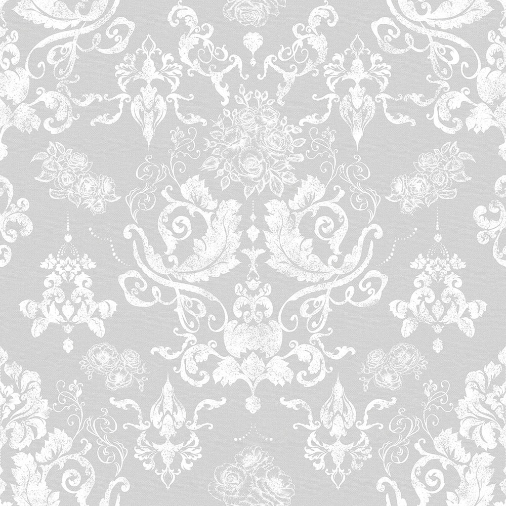 Bridgerton Damask Wallpaper - Classic Grey and Pearl White - LAN100021 - Lucie Annabel - Premier Wallcovering